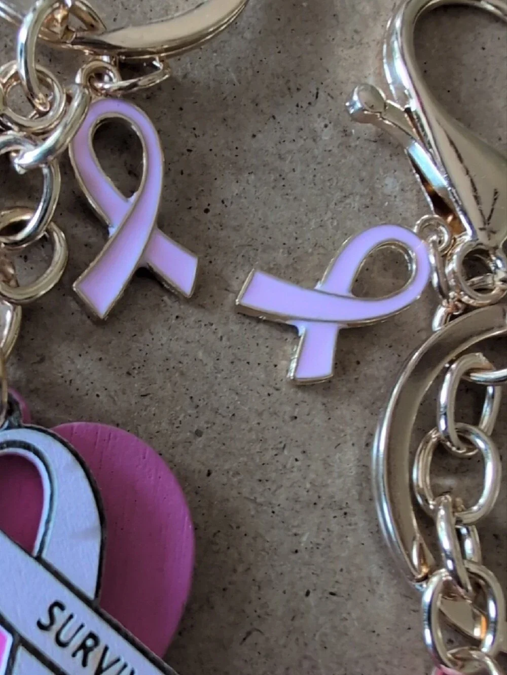 Pink Survivor Ribbon Heart Keychain Bag Charm Set Breast Cancer Awareness Month
